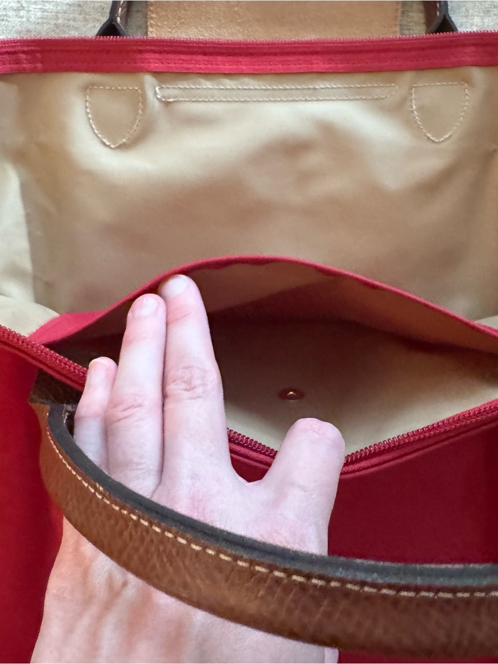 Longchamp XL Le Pliage Foldable Tote in Deep Red with Brown Leather - Picture 5 of 9